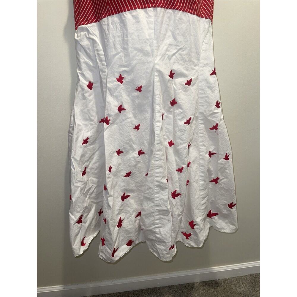 Eshakti Size L 14 Red White Stripe Bird Dress Full Flare Skirt Sleeveless Pocket - Picture 3 of 15